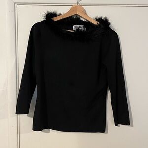 Vintage Joseph A Scoop Meck Black Blouse with Faux Fur Collar, Size Medium